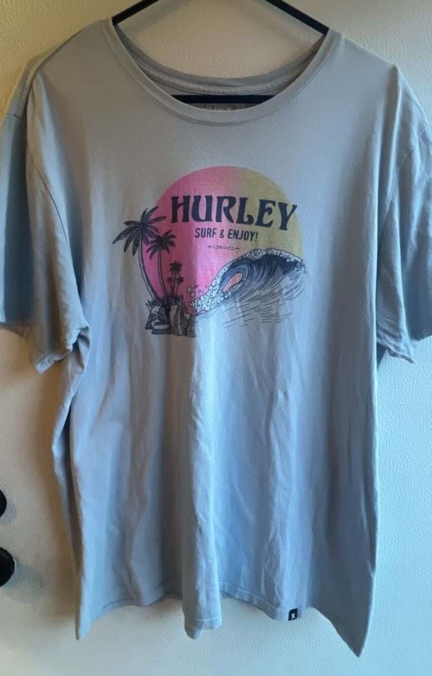 Hurley Surf & Enjoy Graphic T-Shirt with Palm Trees and Wave Print
